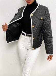 Chiquease 女士撞色饰边前扣长袖口袋简约夹克 - 黑色 - 查看 4