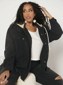 SHEIN CURVE+ Women's Plus Size Hooded Color Block Denim Jacket - Black - View 3
