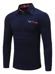 Men Plaid Print Polo Shirt - Navy Blue - View 1