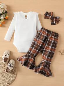 女嬰荷葉邊連身背心&格紋喇叭褲＆ 頭巾