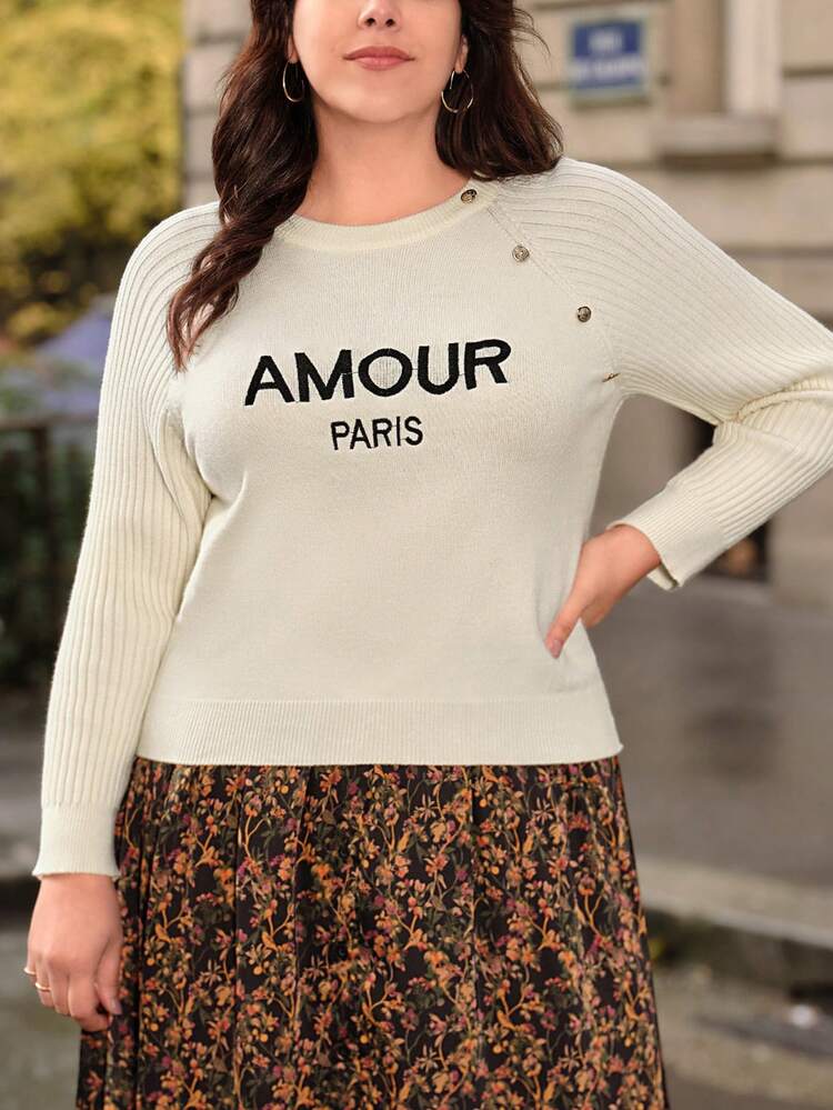 Plus Letter Pattern Raglan Sleeve Sweater
