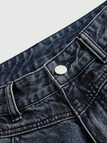 ROMWE Grunge Punk 破洞拉链门襟牛仔裤，学校风 - 藍色 - 查看 4