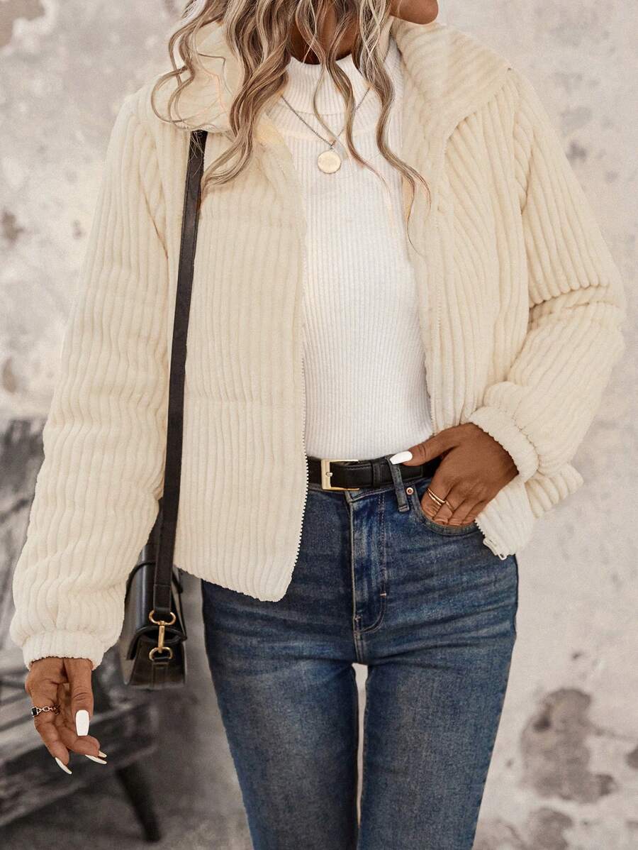 SHEIN LUNE Áo khoác nhung có đệm kéo khóa - Màu be - Xem 1