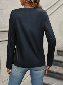 SHEIN LUNE Chất rắn Vòng cổ Áo thun - màu đen - Xem 2