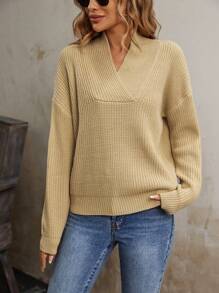 EMERY ROSE بلوزة محبوكة بأكتاف متساقطة للخريف والشتاء - كاكي - مشاهدة 3