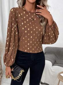 SHEIN Clasi Chấm bi Tay áo lồng đèn Áo sơ mi - Cà phê nâu - Xem 4