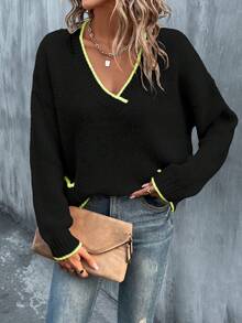 SHEIN LUNE Thả vai Áo len Với Khối màu Và Edging - màu đen - Xem 5