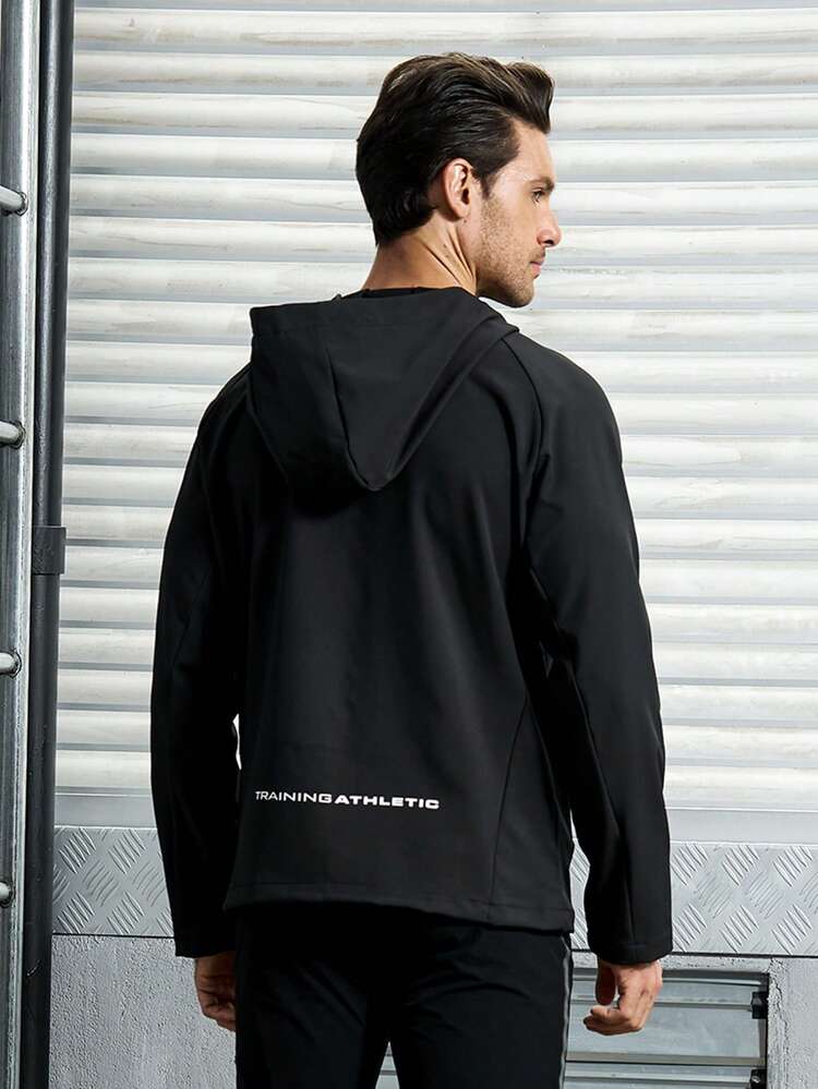 Men's Hooded Sports Jacket With Letter Printed Workout Tops Sports Jacket