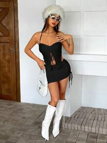 SHEIN ICON Dây rút Viền không đối xứng Áo Crop Halter & Váy bodycon - màu đen - Xem 6