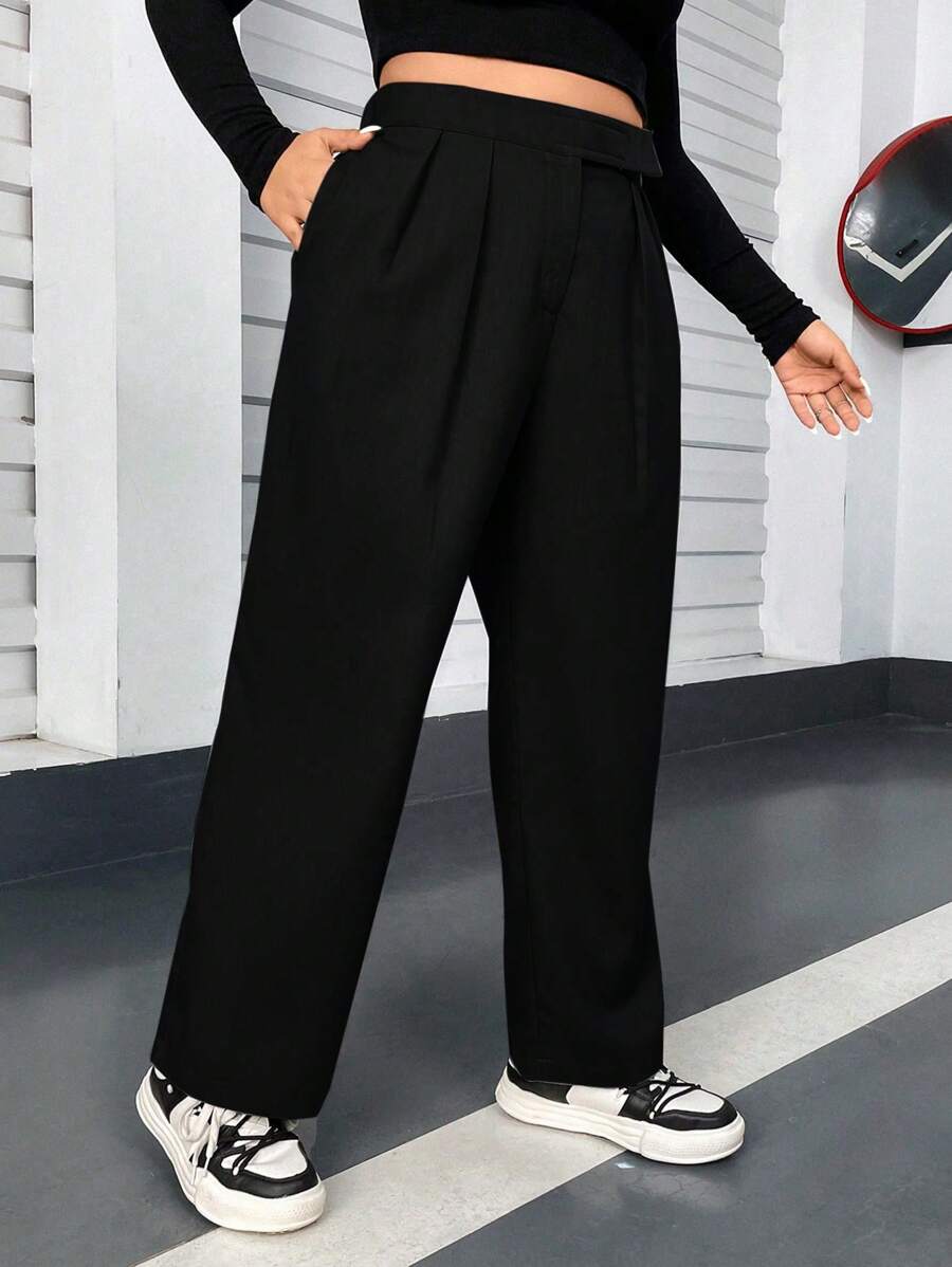 Flirla Của phụ nữ Kích thước lớn Eo cao quần ống rộng Quần tây - màu đen - Xem 1