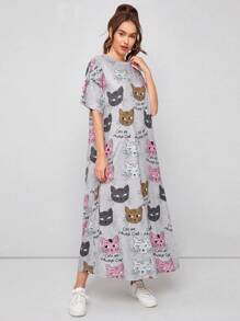 Seusyu Drop Shoulder Slogan & Cat Print Tee Dress - Multicolor - View 3