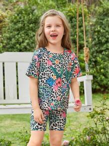 SHEIN 小女童1入組熱帶印花和豹紋印花T恤和1入組騎行褲 - 彩色 - 查看 8