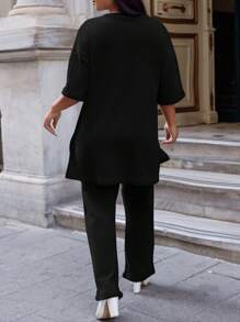 SHEIN Cottnline 2pcs/Set Women's  Plus Size  High-Low T-Shirt And Long Pants Set - Black - View 2