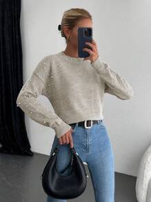 EURMUSE Pearl Beaded Drop Shoulder Sweater - Beige - View 3