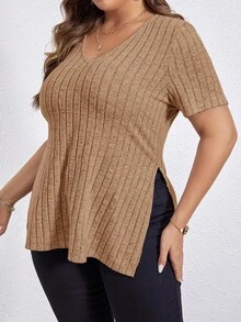 SHEIN Essnce 大碼下擺開叉條紋針織T恤 - 駝色 - 查看 6