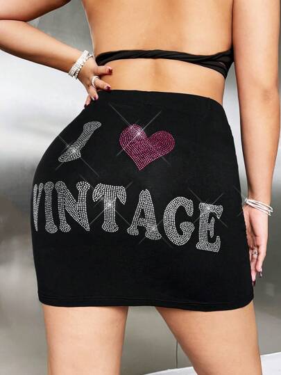 SHEIN ICON 大碼水鑽字母&愛心圖案褶邊包臀半身裙