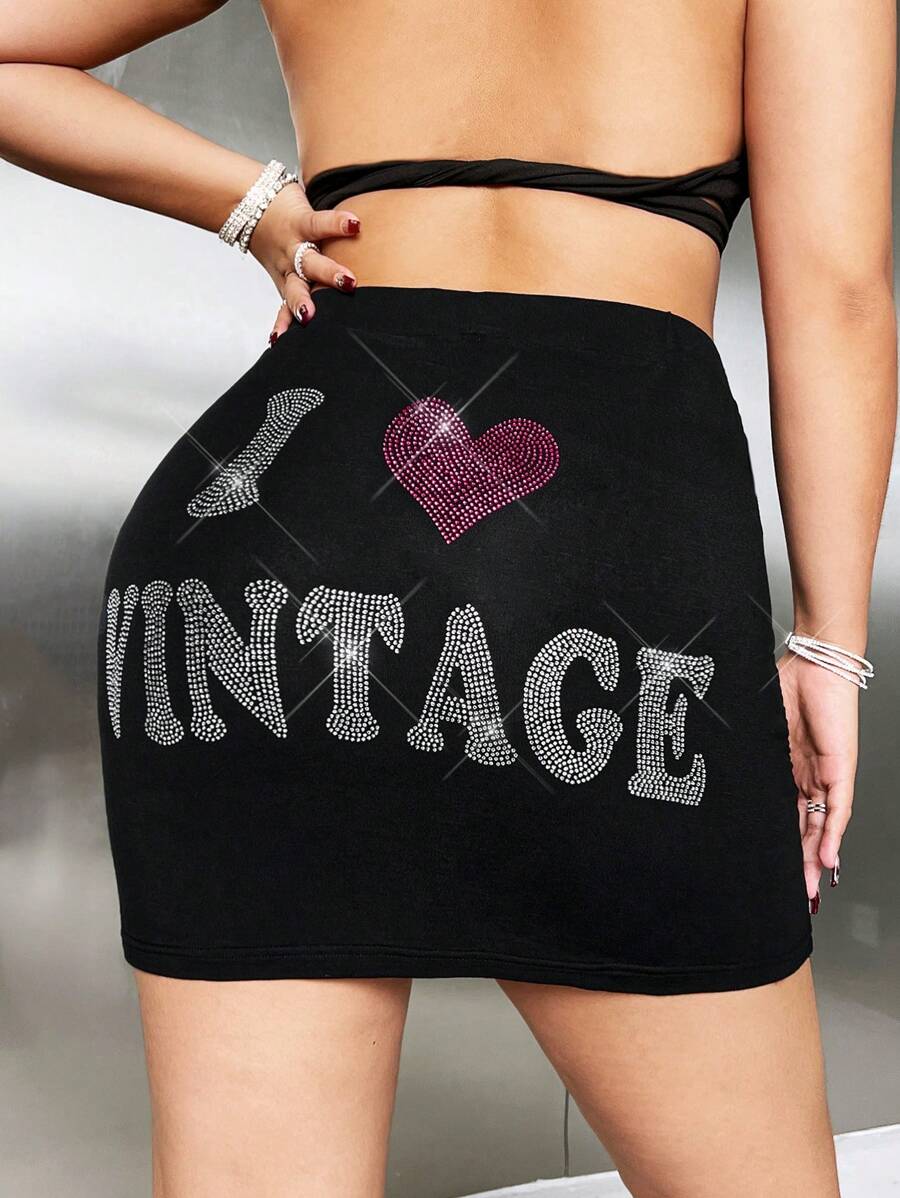 SHEIN ICON 大碼水鑽字母&愛心圖案褶邊包臀半身裙 - 黑色 - 查看 1