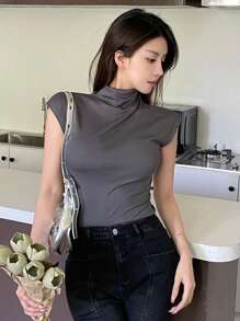 DAZY Solid High Neck Cap Sleeve Tee