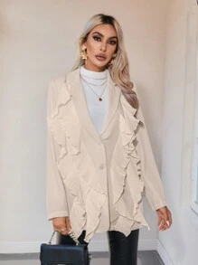 SHEIN Privé Nhọn Cổ áo tây Xù Hoa Sen Trang trí ren Bộ đồ Áo khoác - Màu Khaki - Xem 6