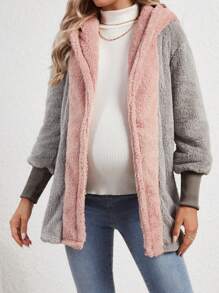 SHEIN Maternity Two Tone Hooded Teddy Coat, For Winter - Pink - View 3
