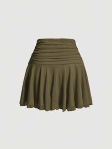 SHEIN MOD Falda Verde De Verano Solidada Con Pliegues Y Frunces - Verde militar - Ver 2