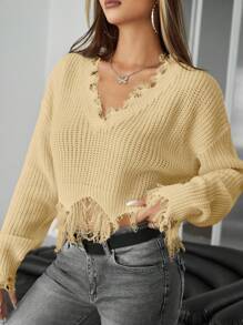 SHEIN ICON 女士們素色流蘇下擺短九分套頭毛衣 - 杏色 - 查看 1