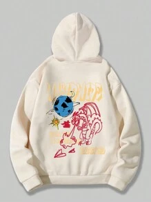 ROMWE MEN Street Life 男士字母印花束線連帽運動衫 - 卡其色 - 查看 1