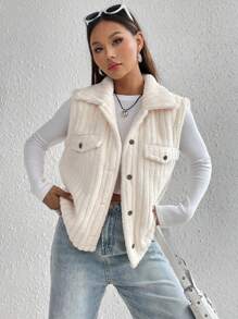 SHEIN Unity Chi tiết về Flap Teddy Áo khoác vest - Màu be - Xem 6