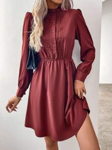 SHEIN LUNE Guipure Lace Insert Shirt Dress - Brown - View 3