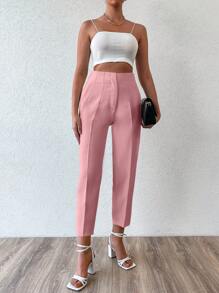 EURMUSE Solid Color Folded Pleated Tapered Pants - Dusty Pink - View 4