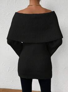 SHEIN Privé 女士露肩肋編拉鍊釦上針織衫 - 黑色 - 查看 2