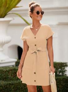 SHEIN LUNE Màu thuần Cổ chữ V Mặt trước Có nút Đầm - Màu be - Xem 4