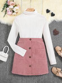 Thiếu niên cô gái Áo cao cổ Áo thun & Nút phía trước Váy - Bụi hồng - Xem 1