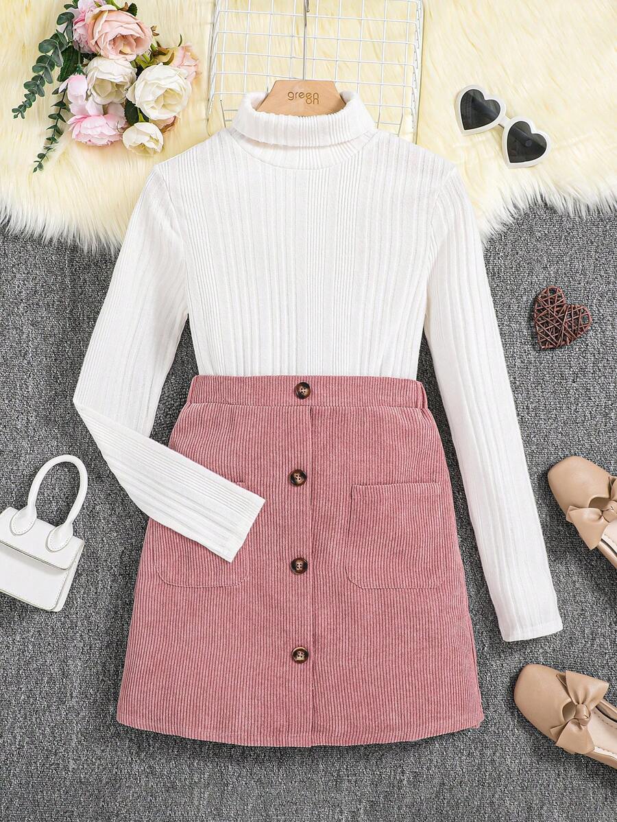 Thiếu niên cô gái Áo cao cổ Áo thun & Nút phía trước Váy - Bụi hồng - Xem 1