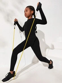 SHEIN Cô gái Tween Chất rắn Lỗ ngón tay cái Áo Tee thể thao & quần leggings - màu đen - Xem 4