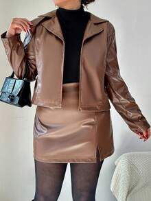 RueChic Women's Plus Size Pu Leather Two-piece Set With Solid Color And Simple Lapel Collar Design - Camel - View 5
