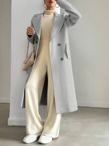 EURMUSE Ladies' Solid Color Double-breasted Notched Collar Woolen Coat - Grey - View 6