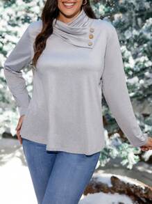 SHEIN LUNE Plus Button Detail Cowl Neck Tee - Grey - View 5