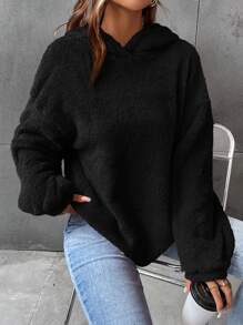 SHEIN EZwear Thả vai Flannel Hoodie - màu đen - Xem 4