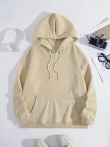 SHEIN EZwear Chữ cái & Đồ họa hoạt hình Túi kangaroo Dây rút Lót nhiệt Hoodie - Màu nâu  Mocha - Xem 2