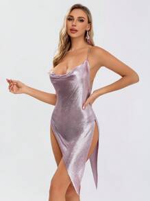 Zolique Draped Collar Asymmetrical Hem Metallic Cami Dress - Mauve Purple - View 4