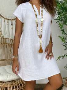 EMERY ROSE Vestido de cuello notch bajo curvo - Blanco - Ver 1