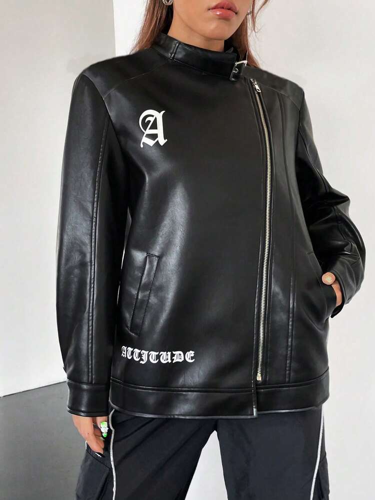 Letter Graphic Zip Up PU Leather Jacket