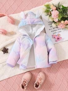 SHEIN 女宝宝休闲可爱扎染印花棉服外套，配有 3d 耳朵连帽衫，非常适合秋冬季户外穿着 - 紅色 - 查看 1
