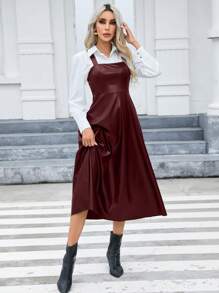 SHEIN Privé Pu 皮革連身裙(不含襯衫) - 酒紅色 - 查看 3