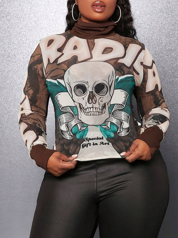 Slayr Plus - Street Basics - Elastic Knit Mesh Ribbed Fitted Contrast Mesh Print Splice Blouse For Plus Size Women