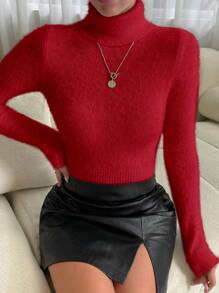 SHEIN Frenchy 女性素色高領套頭毛衣 - 紅色 - 查看 6