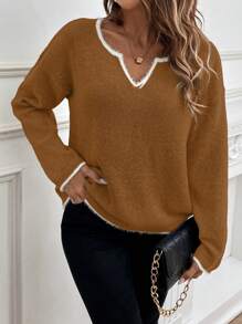 SHEIN Essnce Tương phản ràng buộc Cổ có Lỗ hổng Thả vai Áo len - màu nâu - Xem 4