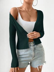 SHEIN Frenchy Ribbed Knit Button Front Cardigan - Dark Green - View 7