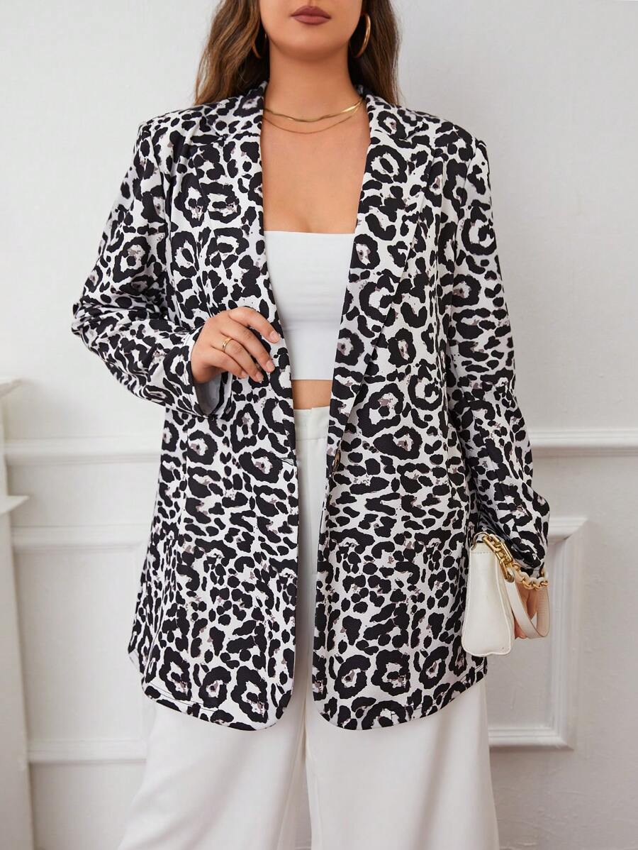 SHEIN LUNE 大碼豹紋印花西裝領西裝外套 - 黑與白 - 查看 1